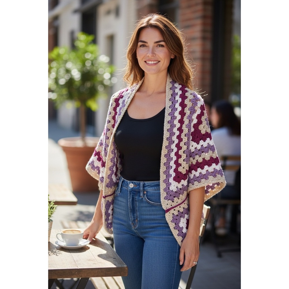 Handmade Granny Square Crochet Shrug Purple Boho Cocoon Cardigan Sweater Sz XS-L